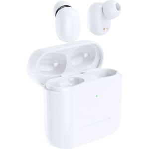 White Baksen earphones displayed with their charging case, featuring a sleek design and a branding logo.