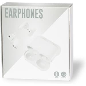 A white box containing wireless earphones with a charging case, featuring a logo on the packaging.