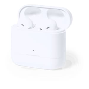 White earbuds in a compact charging case, featuring a minimalistic design and a logo on the case.