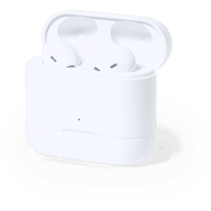 A pair of white Baksen earphones in a charging case, featuring a simple design and a logo on the case.