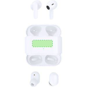 White earbuds are arranged around a charging case, showcasing a sleek design with a minimalistic style and a logo.