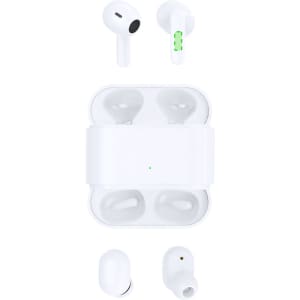 White earbuds displayed alongside their charging case, featuring an LED indicator and a simple logo.