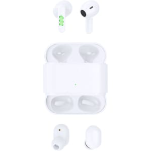 A set of white earbuds and a charging case, featuring a logo, positioned on a plain background.