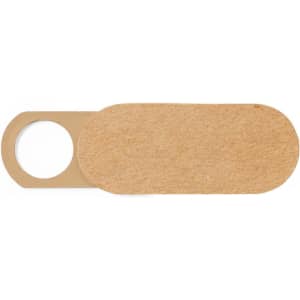 A beige webcam cover with a circular cutout, designed to slide open and close over a webcam.