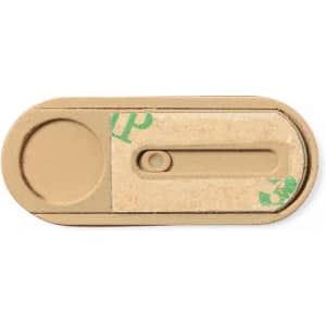 A brown webcam cover with a sliding mechanism, featuring a circular and rectangular section, and includes a branding logo.