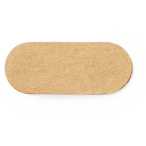 A beige oval webcam cover made of a cardboard-like material, featuring a simple design.