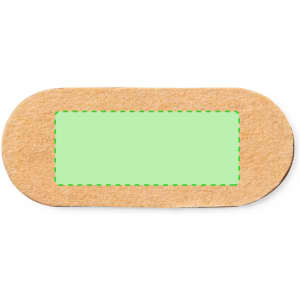 A green adhesive bandage with a textured beige backing and a rectangular area for labelling.