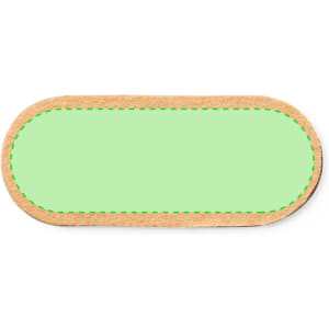 A green webcam cover with a tan border and contrasting stitching. It has a smooth, durable surface.