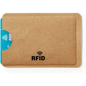 A business card holder in brown with a blue card slot and an RFID logo.