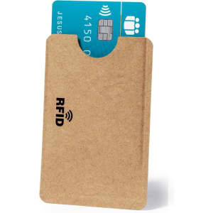 A brown card holder featuring RFID protection, with a slot for a business card or credit card displaying a teal card.