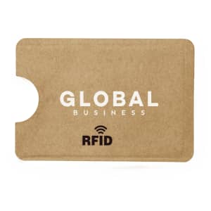 A tan business card holder with an RFID feature and a logo, designed to hold cards securely.