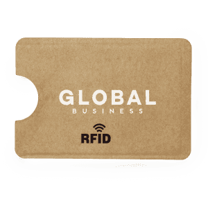 A business card holder in a natural kraft finish, featuring an RFID design and a logo.