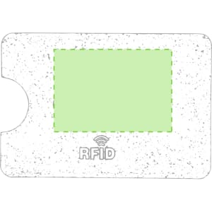 A grey RFID business card holder featuring a cut-out section and a logo element.