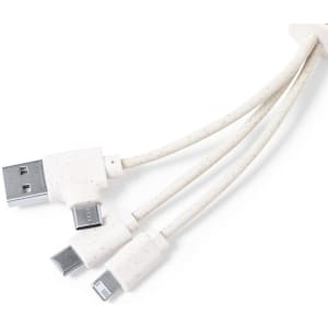 A charging cable in white with multiple connectors: USB, micro USB, and Lightning. It features a logo on the connector.