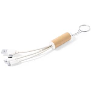 A charging cable with a cork handle and white cables, featuring a keychain attachment.