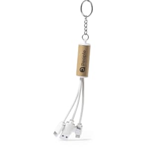 A multi-connector charging cable in white, featuring a wooden handle and keyring attachment, with a logo.