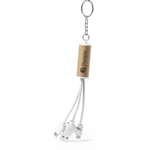 A multi-connector charging cable in white, attached to a keychain, with a branded wooden holder.