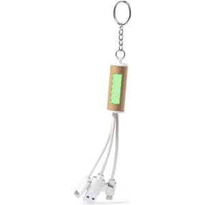 A charging cable with a keychain attachment, featuring three different connectors and a wooden body.
