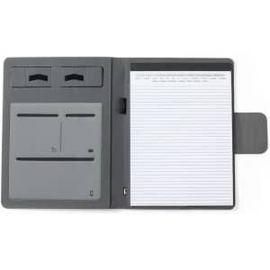 A grey multifunction folder with pockets, a notepad, and a closure. It features a sleek design suitable for office use.