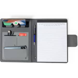 A grey multifunction folder featuring a notepad, pen, phone holder, and various pockets for cards and accessories.