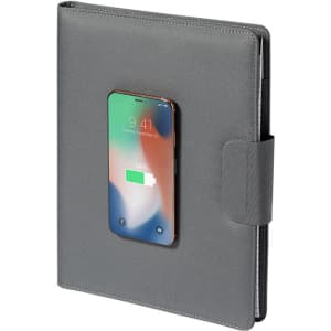 A grey multifunction folder with a pocket for a mobile phone, featuring a textured surface and a clasp closure.