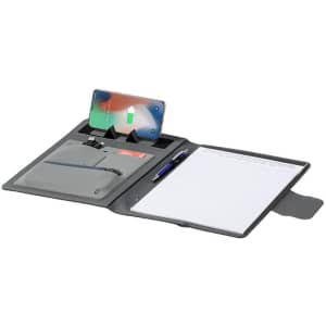 A black multifunction folder featuring a phone holder, pen, and lined notepad with multiple pockets for organisation.
