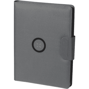 A grey multifunction folder with a circular logo, featuring a secure closure and a sleek design.