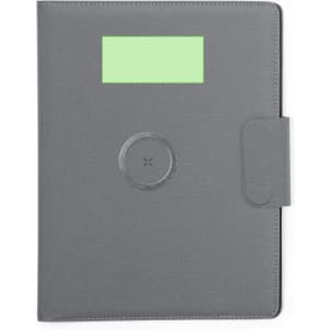 A grey multifunction folder with a circular design element and a logo, featuring a secure closure.