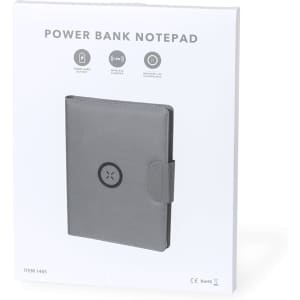 A grey multifunction folder with a power bank feature, featuring a logo and a secure closure.