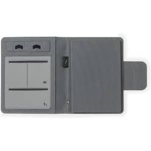 A grey multifunction notepad with card slots and an elastic closure, designed for office use.