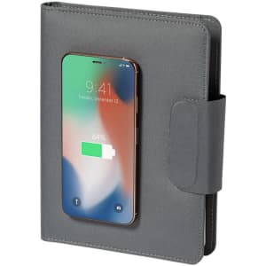 A grey Dambier Multifunction Notepad with a clear phone pocket on the front and a secure closing flap.