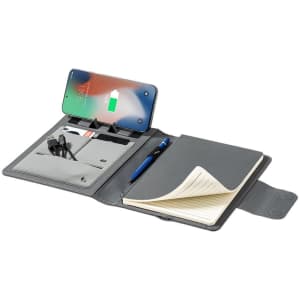 A multifunction notepad in grey with a pen, notepad, and a pocket for a phone and accessories.