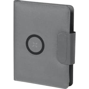 A grey multifunction notepad with a snap closure and a circular logo on the front.