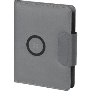 A grey multifunction notepad with a circular logo and a secure closure. Ideal for office and business use.