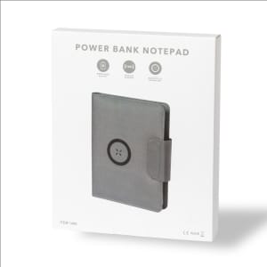 A grey multifunction notepad with embedded power bank, presented in a sleek box featuring a logo.