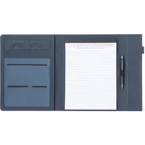 A navy blue compendium featuring slots for cards, a notepad, and a pen included. It has a sleek design and logo.