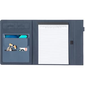 A dark blue folder featuring pockets for cards and earbuds, with a lined note pad on one side.