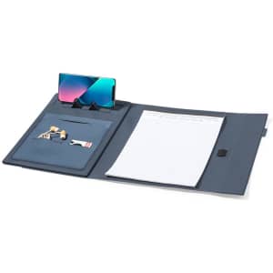 A navy blue folder with a notepad, slots for business cards, and a mobile phone stand. It features a branding logo.