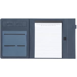A navy blue folder with multiple card slots and a notepad featuring lined pages. It has a logo on the surface.