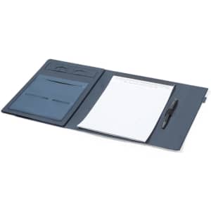 A navy blue folder with a notepad, pen, and pockets for cards. It features a logo.