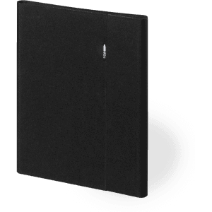 A black folder featuring a sleek design and a small logo, ideal for holding documents and notes.