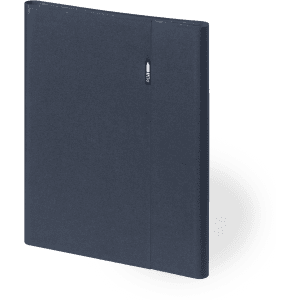 A navy folder with a sleek design, featuring a secure closure and a subtle logo on the front.