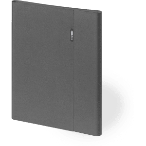 A grey folder with a textured finish and a logo, designed for organising documents and portfolios.