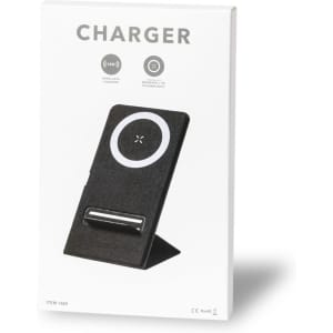 A wireless charger in black with a circular design and a stand, featuring a logo on the packaging.