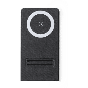 A wireless charger in dark grey fabric with a circular charging area and a slot design. It has a logo.