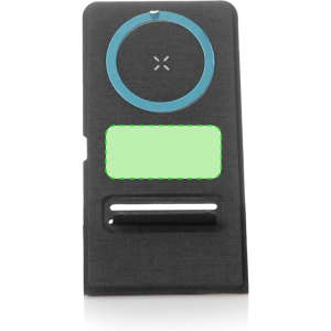 A black wireless charger featuring a circular charging area and a slot for a phone stand.