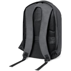 A black anti-theft backpack with padded straps and a textured back panel, featuring a logo.