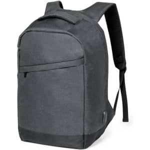 A grey anti-theft backpack featuring padded shoulder straps and a discreet logo. Ideal for carrying essentials securely.