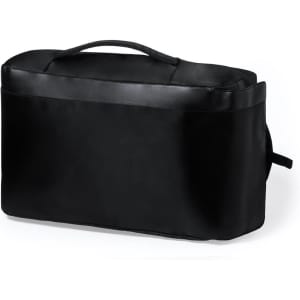 A black document bag backpack with a sleek design and a carry handle. It features a logo on the exterior.