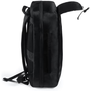 A black document bag backpack with a sleek design and adjustable straps, featuring a textured panel on the side.